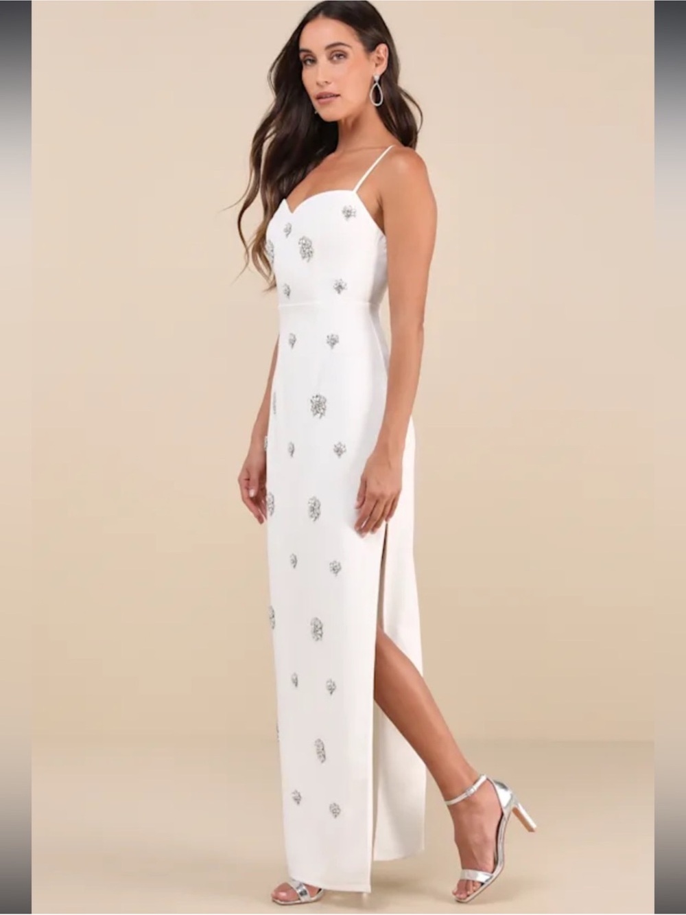 White Embellished Spaghetti-Strap Evening Gown - Picture 4 of 15